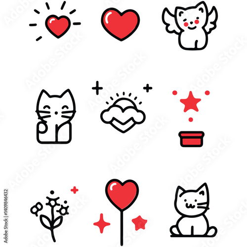 black and white simple line art icons of cute love related objects