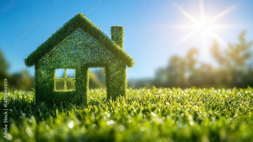 Closeup of a beautiful green house made of a green grass on a meadow against a clear blue sky with copy space and sunbeams, backlit. Environment sustainable lifestyle, eco friendly. Closeup of a beautiful green house made of a green grass on a meadow against a clear blue sky with copy space and sunbeams, backlit. Environment sustainable lifestyle, eco friendly.