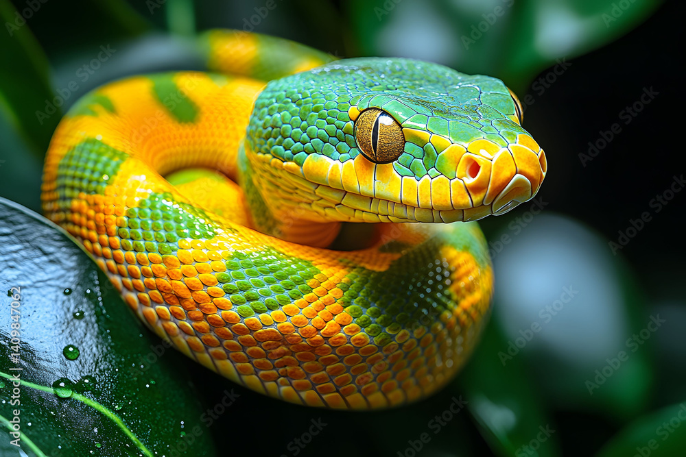Fototapeta premium Exotic Green and Yellow Snake in Jungle Habitat, Nature Photography for Wildlife Conservation