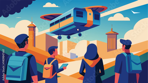 As the eVTOLs glide silently overhead students look up in awe at the futuristic technology that allows for such efficient and effortless travel within the campus.. Vector illustration