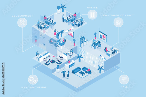 Creative agency 3d isometric concept for web design. People in isometry rooms working in office, development department, customer contact area, manufacturing, communicate at hall. Vector illustration.