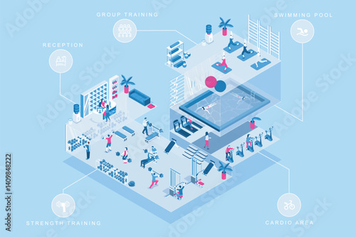 Fitness gym 3d isometric concept for web design. People in isometry rooms registering at reception, doing group or strength training, exercising at cardio area and swimming pool. Vector illustration.
