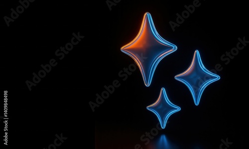 Sparkle star Futuristic 3D Glass Icons with Neon Glow High Tech Minimal UI Elements on Black Background for Modern Design Concepts