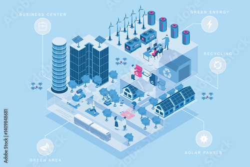 Smart city 3d isometric concept for web design. People in isometry rooms living in residential zone with solar panels and green area, using eco energy, work in business center. Vector illustration.