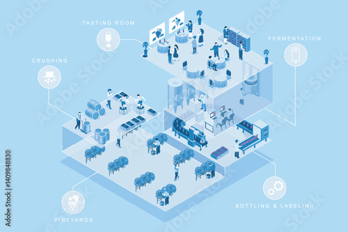 Winery factory 3d isometric concept for web design. People in isometry working at vineyard, crushing, fermentation, bottling and labeling wine bottles, tasting vine beverage. Vector illustration.