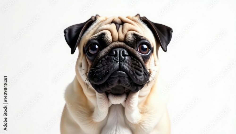 Fototapeta premium Single pug against plain white backdrop, showcasing its features, furry, wrinkles
