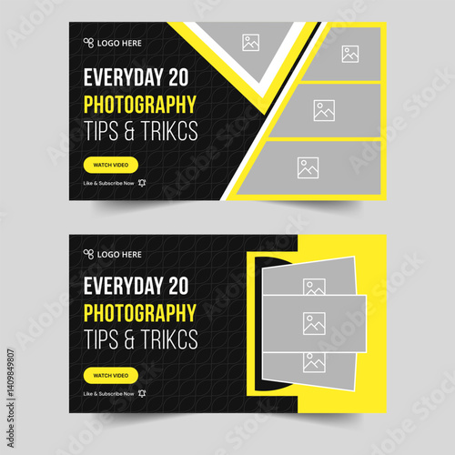 Trendy editalbe photography tips and tricks video set thumbnail design, customizable vector eps 10 file format