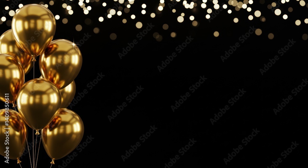 Golden balloons and bokeh lights against a black background create a festive atmosphere. Golden balloons and bokeh lights against a black background create a festive atmosphere.