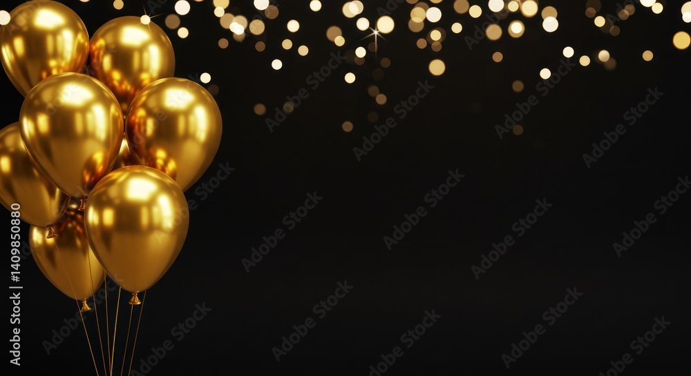 Golden balloons against a dark background with bokeh lights party celebration. Golden balloons against a dark background with bokeh lights party celebration.