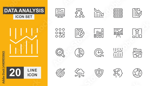 Data analysis icon set. Big data, chart, diagram, research, growth, business and more line icon.
