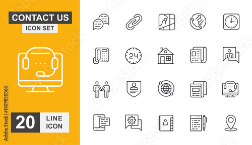 Contact us icon set. Message, support, email, asking, customer, telephone and more line icon.