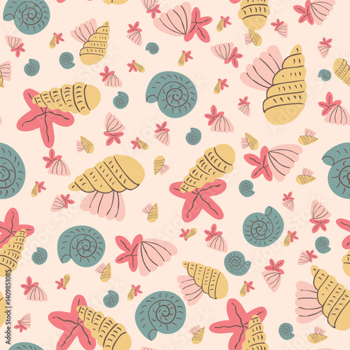 Pastel Summer Seashells Starfish Hand Drawn Artistic Vector Seamless Pattern 