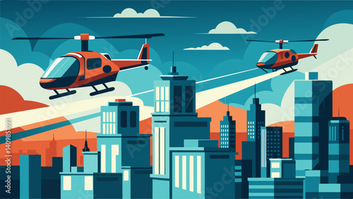 As they zipped through the urban airspace the air taxis showcased their advanced maneuvering capabilities turning sharp corners with ease.. Vector illustration