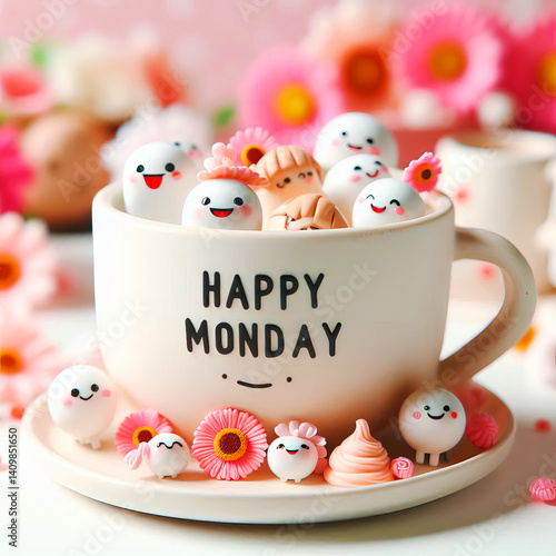 Happy Monday Concept - Cute Animals in Coffee Cup with Flowers and Spring Vibe