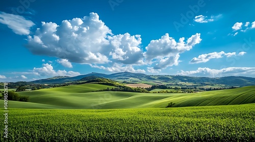 Majestic rolling hills with fresh greenery under bright blue sky image