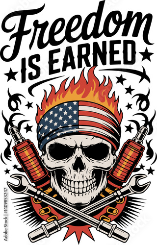 Freedom Is Earned – Skull with American Flag Bandana Vector Patriotic Design