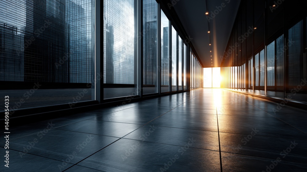 Modern corridor in a skyscraper with reflective floors and sunset view at the end Modern corridor in a skyscraper with reflective floors and sunset view at the end