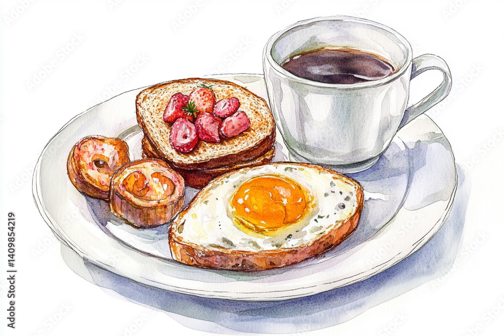 Watercolor breakfast some cut in half a white background Watercolor breakfast some cut in half a white background
