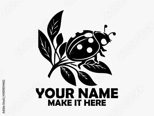Elegant black and white illustration of a ladybug with distinctive spots crawling on stylized leaves against a transparent backdrop. Insect concept and logo vector design