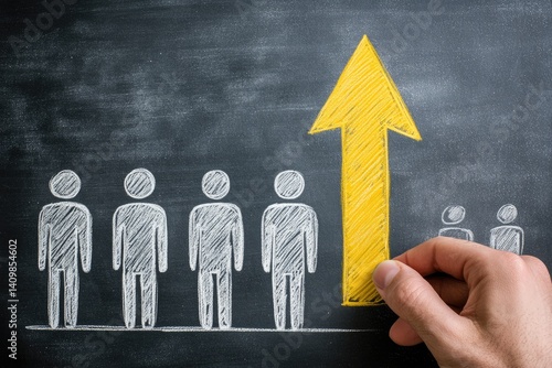 Chalkboard depicts upward trend; figures rise with a large yellow arrow
