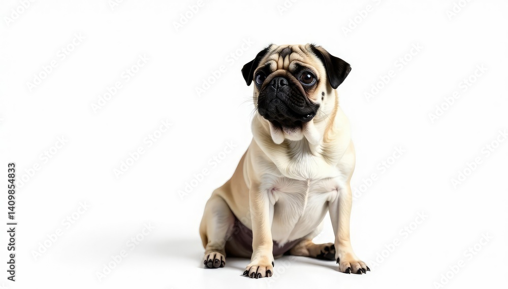 Obraz premium Adorable pug dog sits alone against white background, studio shot, white background, canine