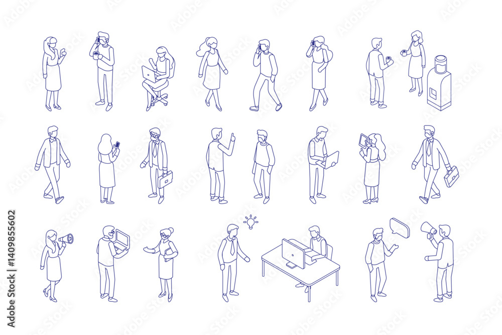 Line art office people silhouette isometric vector set isolated on white background. Teamwork, cooperation. Line art office people silhouette isometric vector set isolated on white background. Teamwork, cooperation.