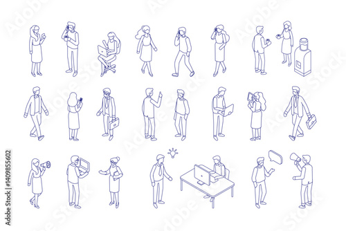 Isometric office people set. Minimal line art business characters in different poses, talking, gesturing, using devices, teamwork concept. Vector illustration isolated on white background.