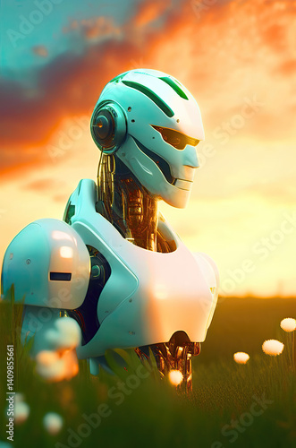 Futuristic Harmony. White Robot in a green field in golden hour.