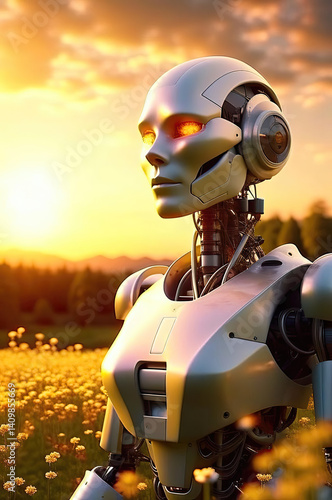 Dreamy Android Standing in a Summer Meadow with yellow flower in sunset.