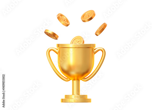 3d realistic golden trophy cup and flying gold coins with clover leaves. Stock vector illustration on isolated background.	

