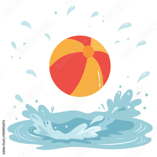 Beach ball in the water with splashes. Vector illustration.