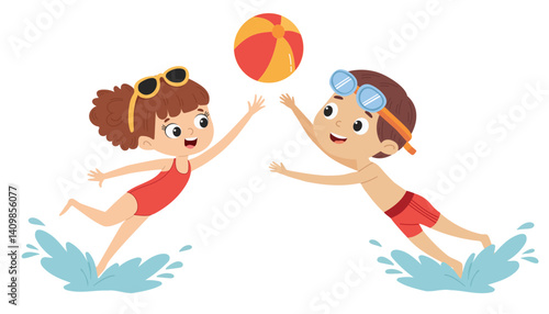 Boy and girl playing with a ball in swimming pool. A set of flat vector illustrations in a simple children's style. 