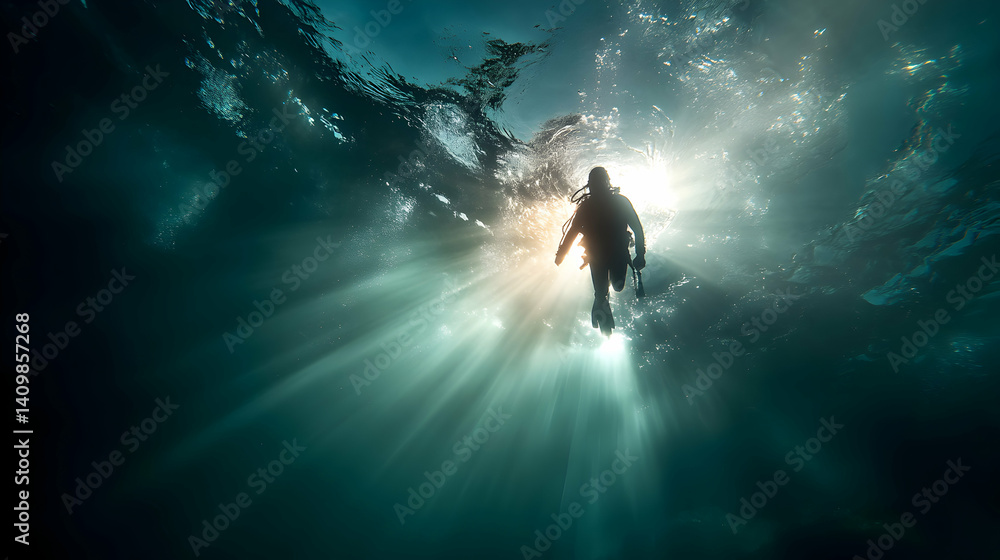 Fototapeta premium Diver Ascending Through Sunlit Depths Exploring the Serenity Underwater