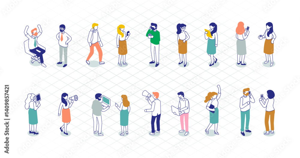 Line art office people silhouette isometric vector set isolated on white background. Teamwork, cooperation. Line art office people silhouette isometric vector set isolated on white background. Teamwork, cooperation.