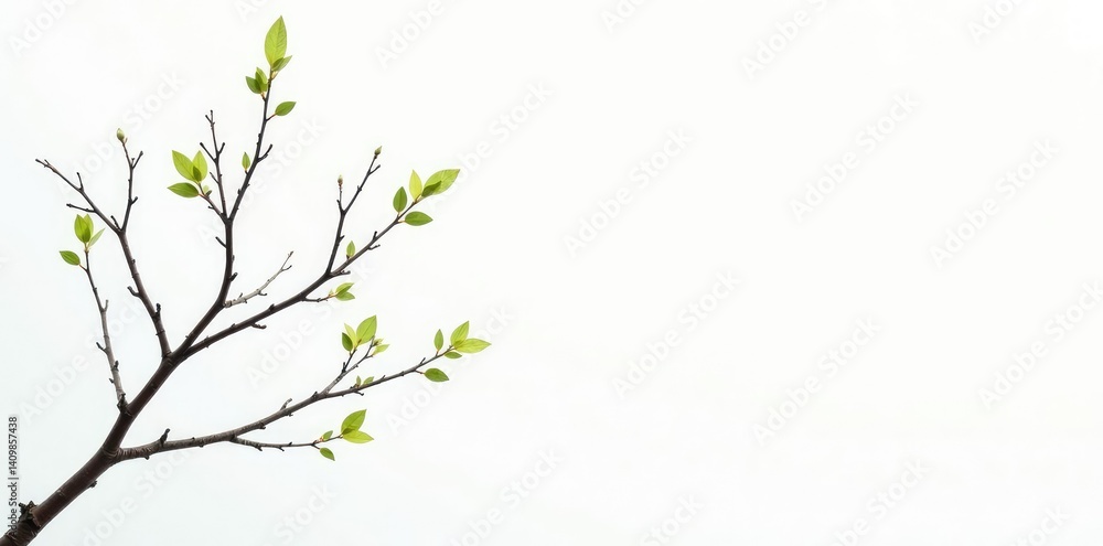 Fototapeta premium Delicate branches on white background, some with leaves, others bare, tree branches, nature, simple