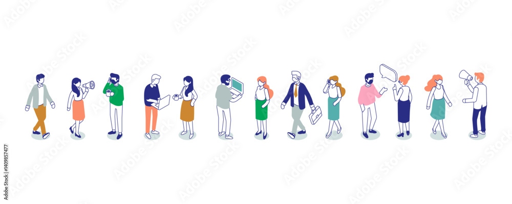 Line art office people silhouette isometric vector set isolated on white background. Teamwork, cooperation. Line art office people silhouette isometric vector set isolated on white background. Teamwork, cooperation.