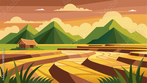 The empty rice paddies are a haunting sight an unwavering reminder that even the most fertile land can become barren in the face of a crippling water shortage.. Vector illustration