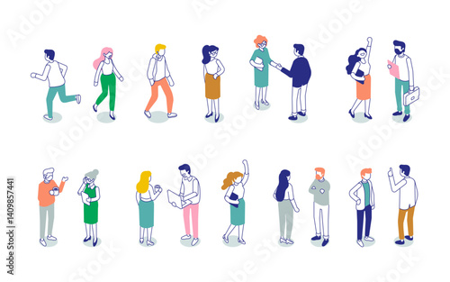 Business team communication vector set. Isometric office characters talking, discussing and gesturing. Flat design for coworking and teamwork concepts.