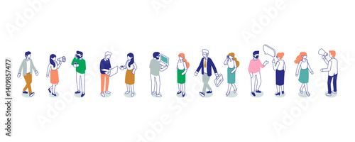 Line art office people silhouette isometric vector set isolated on white background. Teamwork, cooperation. 