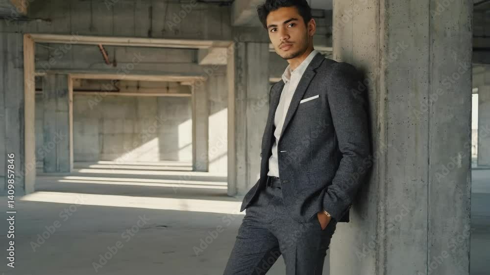 Stylish man in suit leans against concrete column in bare parking garage, looking confidently into the distance. Stylish man in suit leans against concrete column in bare parking garage, looking confidently into the distance.