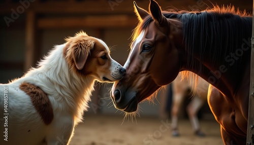 A heartwarming moment between a dog and a horse in a barn setting, the concept of friendship among farm animals.