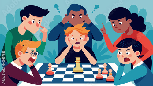 The school chess club members intense focus was broken only by the occasional burst of excitement or collective groan as a gamechanging move was made.. Vector illustration