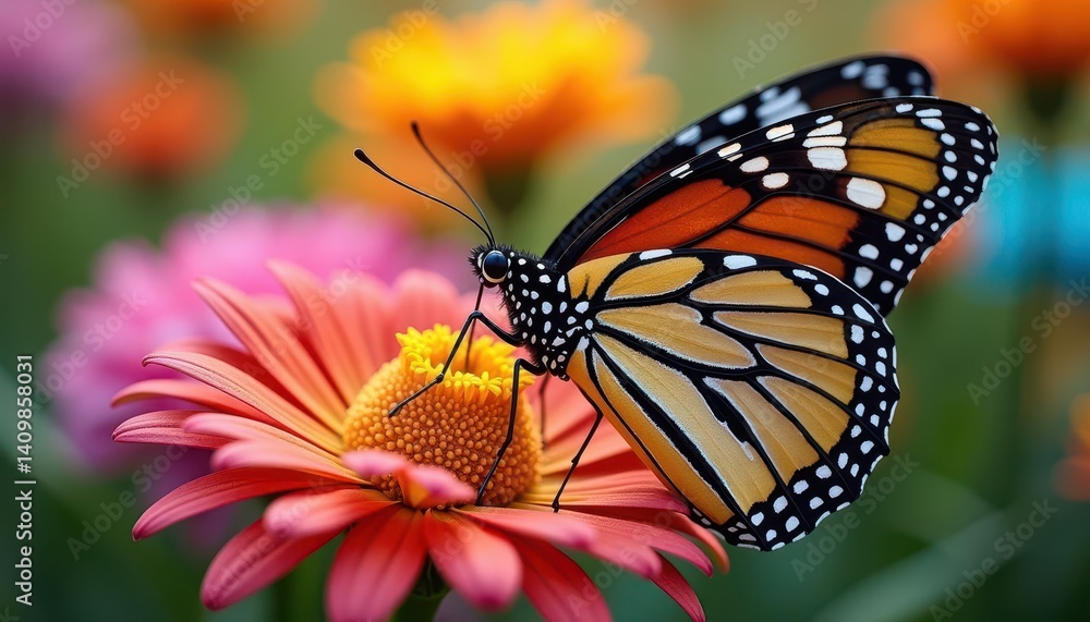 Fototapeta premium A vibrant butterfly perched on a colorful flower in a blooming garden.