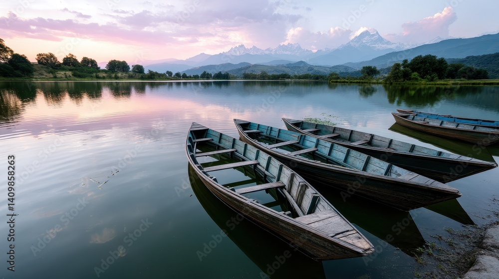 Obraz premium Serene lakeside view with traditional boats at sunset, mountains in the background reflecting