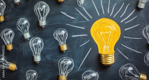 Bright idea stands out amongst many clear lightbulbs on a dark background
