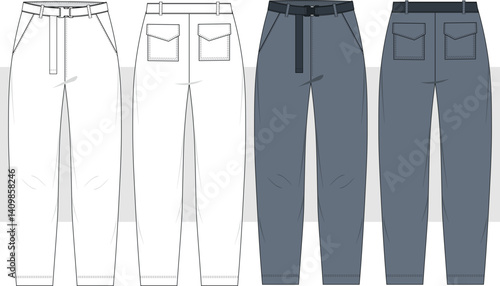 Men chino pants, sweatpants with belted detail  fashion drawing, flat sketch illustration, vector.  front and back view, cad, mockup.