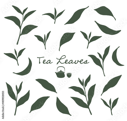 抹茶、緑茶など、日本茶の茶葉のシルエットイラスト