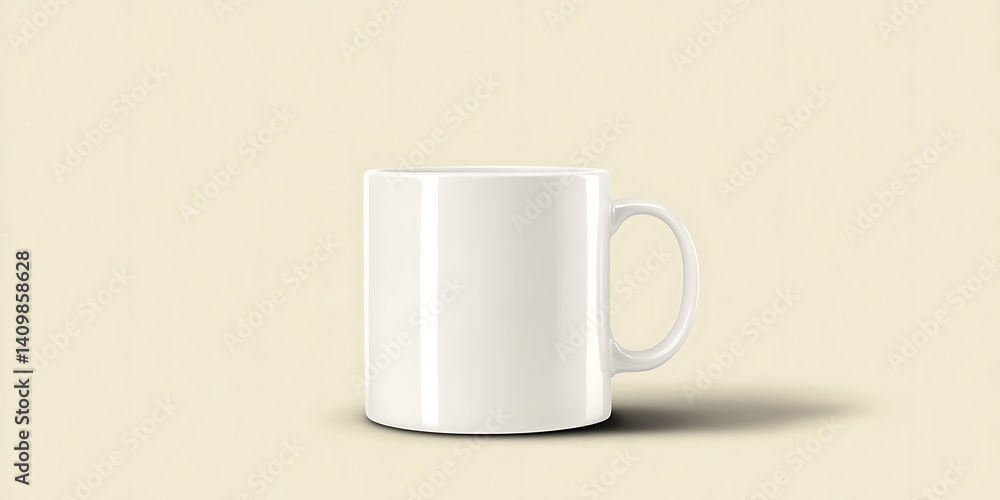 Obraz premium Simple white ceramic mug with handle casting a subtle shadow on a pale yellow background.