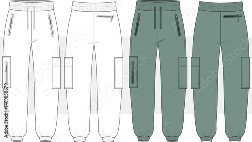 Men cargo jogger  pants with zipper detail. Sweatpants for running, fitness, and active wear pants Fashion drawing, flat sketch illustration, vector.  front and back view, cad, mockup.