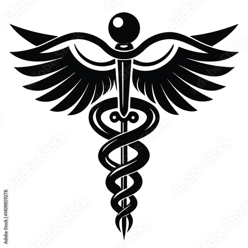 Black and White Caduceus with Wings, Serpent, Staff, and Globe Isolated on White